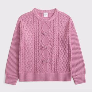 Abercrombie Kids || Girls' Oversized Bow Cable-Knit Crew Neck Sweater